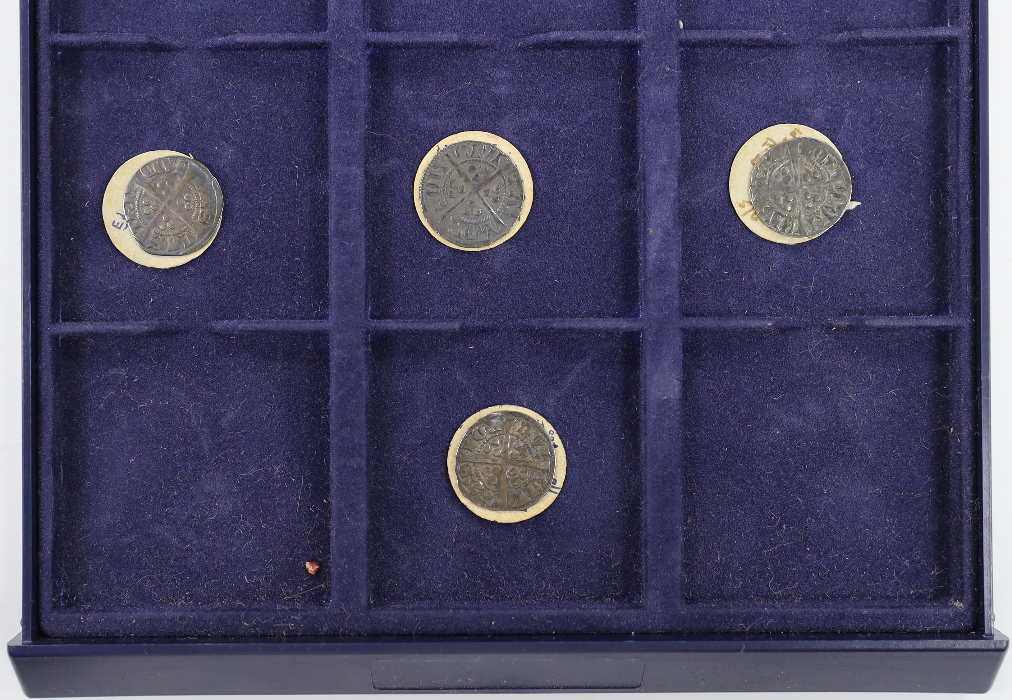 English medieval hammered silver coinage, an Edward III groat (1351-77), and nine Edward I (1272-1307) or Henry III (1247-72) long cross pennies